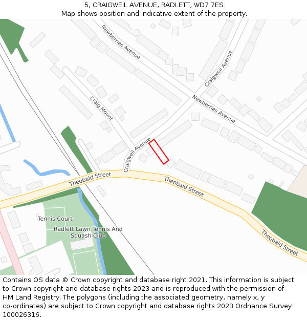 5, CRAIGWEIL AVENUE, RADLETT, WD7 7ES: Location map and indicative extent of plot