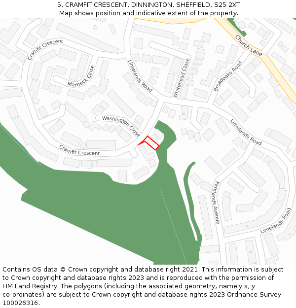 5, CRAMFIT CRESCENT, DINNINGTON, SHEFFIELD, S25 2XT: Location map and indicative extent of plot