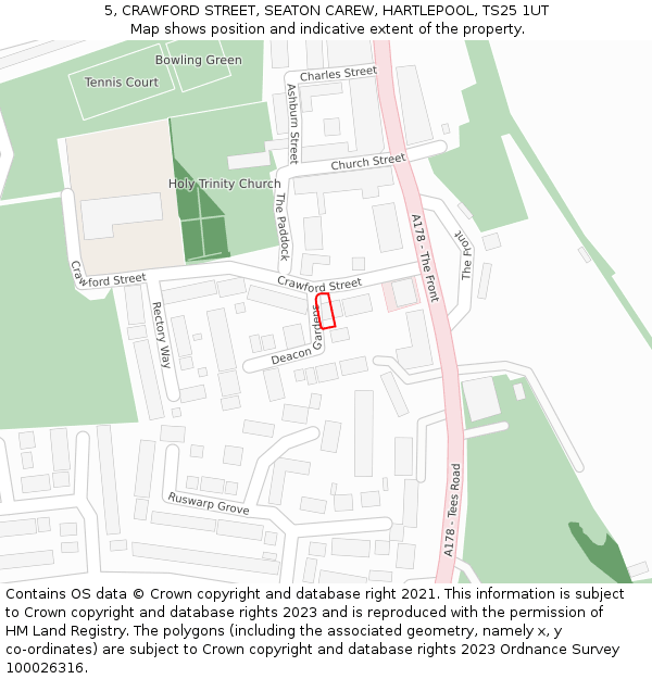 5, CRAWFORD STREET, SEATON CAREW, HARTLEPOOL, TS25 1UT: Location map and indicative extent of plot