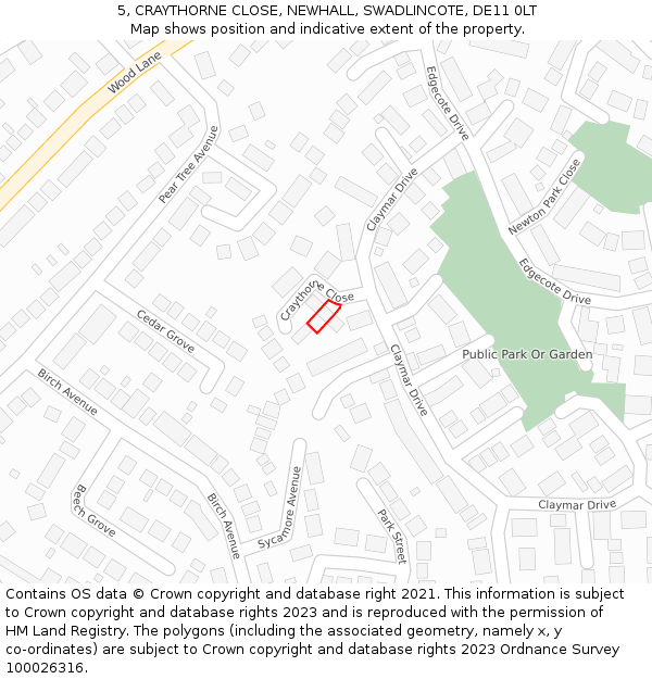 5, CRAYTHORNE CLOSE, NEWHALL, SWADLINCOTE, DE11 0LT: Location map and indicative extent of plot