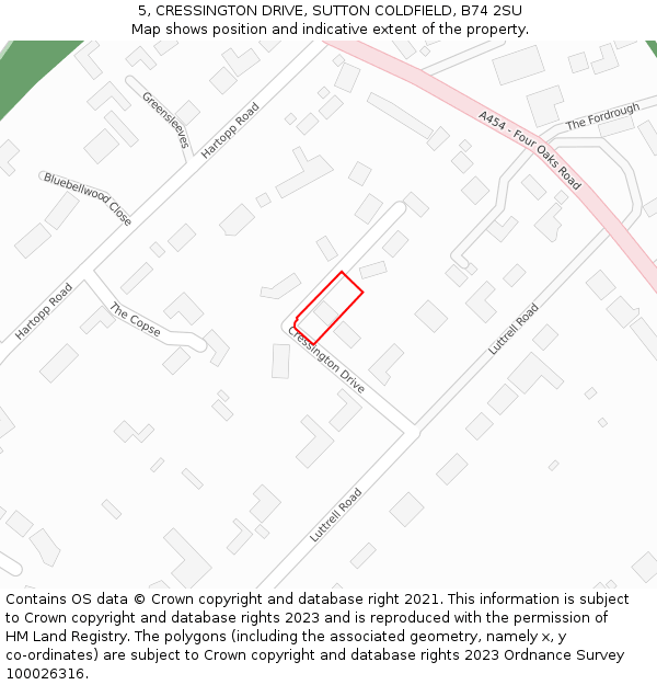 5, CRESSINGTON DRIVE, SUTTON COLDFIELD, B74 2SU: Location map and indicative extent of plot