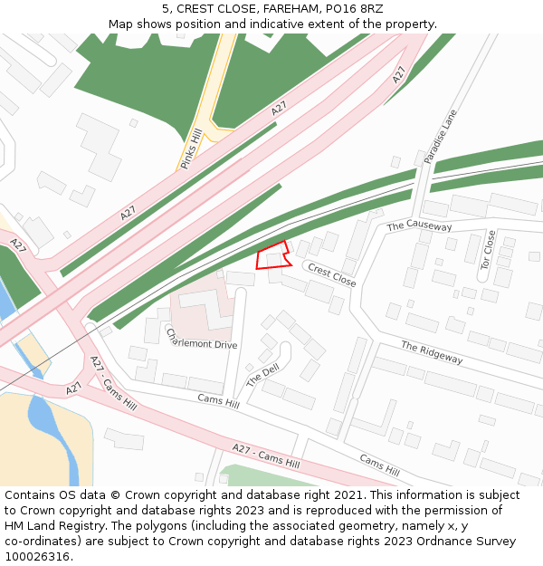 5, CREST CLOSE, FAREHAM, PO16 8RZ: Location map and indicative extent of plot