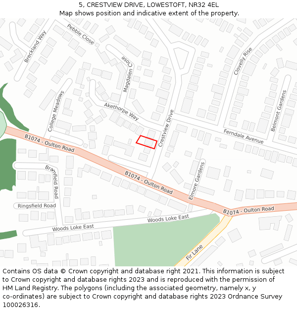 5, CRESTVIEW DRIVE, LOWESTOFT, NR32 4EL: Location map and indicative extent of plot