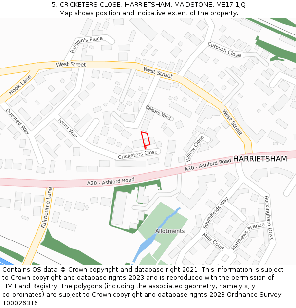 5, CRICKETERS CLOSE, HARRIETSHAM, MAIDSTONE, ME17 1JQ: Location map and indicative extent of plot