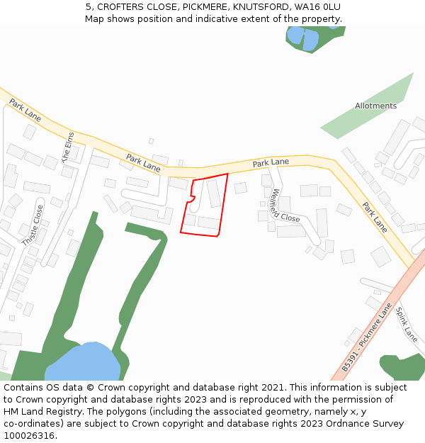 5, CROFTERS CLOSE, PICKMERE, KNUTSFORD, WA16 0LU: Location map and indicative extent of plot