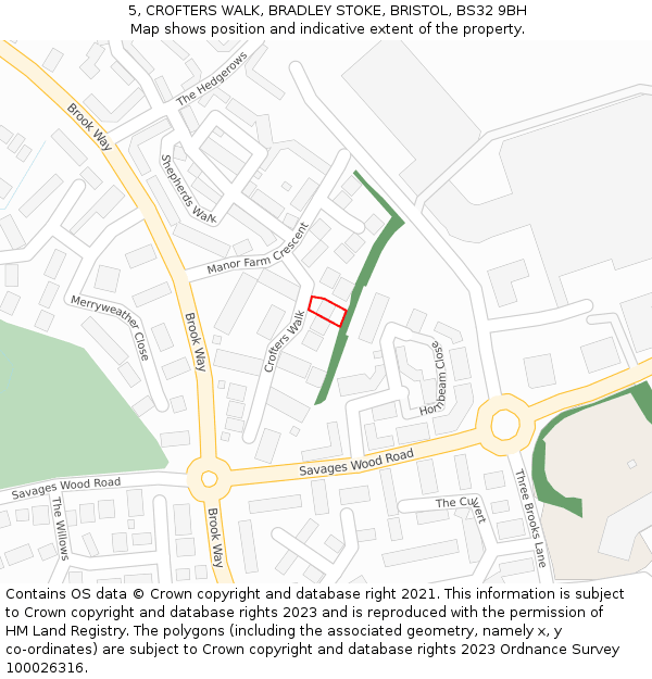 5, CROFTERS WALK, BRADLEY STOKE, BRISTOL, BS32 9BH: Location map and indicative extent of plot