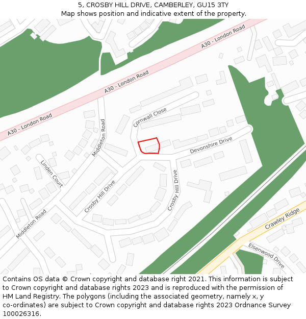 5, CROSBY HILL DRIVE, CAMBERLEY, GU15 3TY: Location map and indicative extent of plot