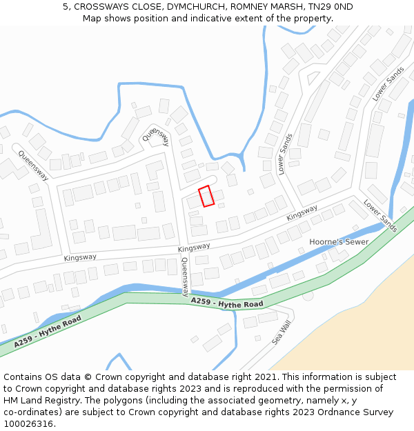 5, CROSSWAYS CLOSE, DYMCHURCH, ROMNEY MARSH, TN29 0ND: Location map and indicative extent of plot