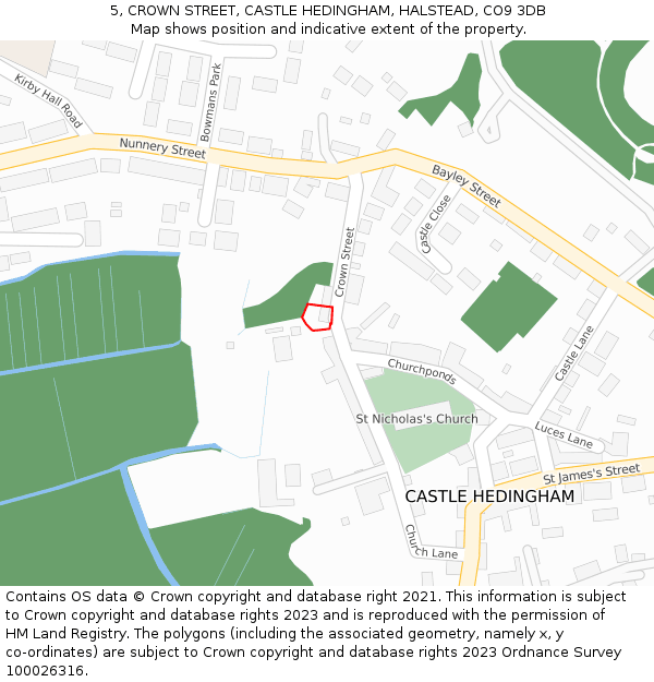 5, CROWN STREET, CASTLE HEDINGHAM, HALSTEAD, CO9 3DB: Location map and indicative extent of plot