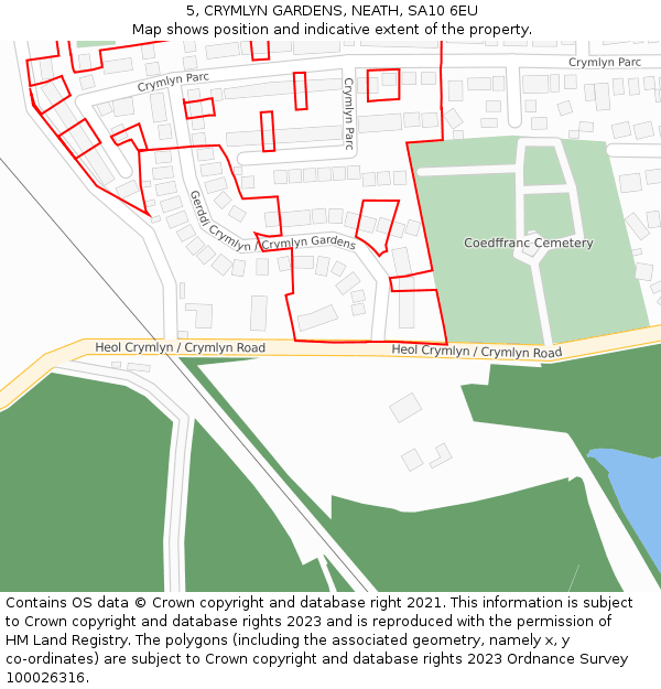 5, CRYMLYN GARDENS, NEATH, SA10 6EU: Location map and indicative extent of plot