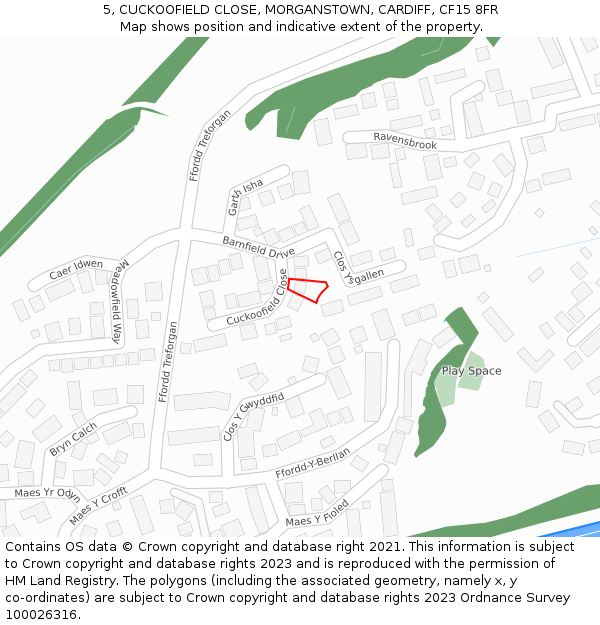 5, CUCKOOFIELD CLOSE, MORGANSTOWN, CARDIFF, CF15 8FR: Location map and indicative extent of plot