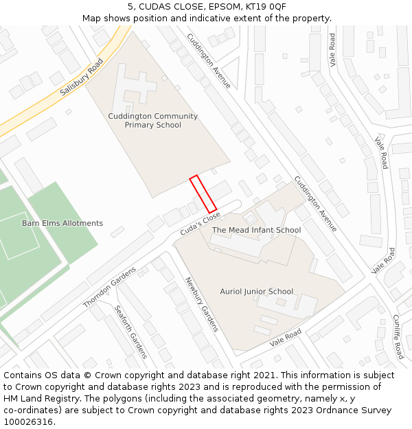 5, CUDAS CLOSE, EPSOM, KT19 0QF: Location map and indicative extent of plot