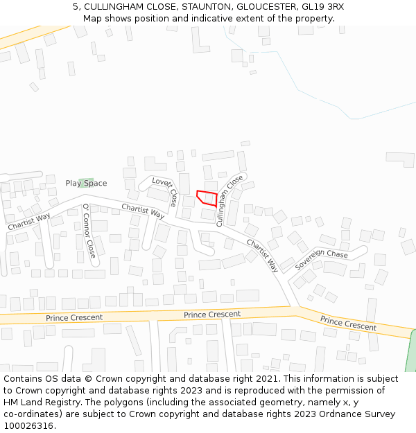 5, CULLINGHAM CLOSE, STAUNTON, GLOUCESTER, GL19 3RX: Location map and indicative extent of plot