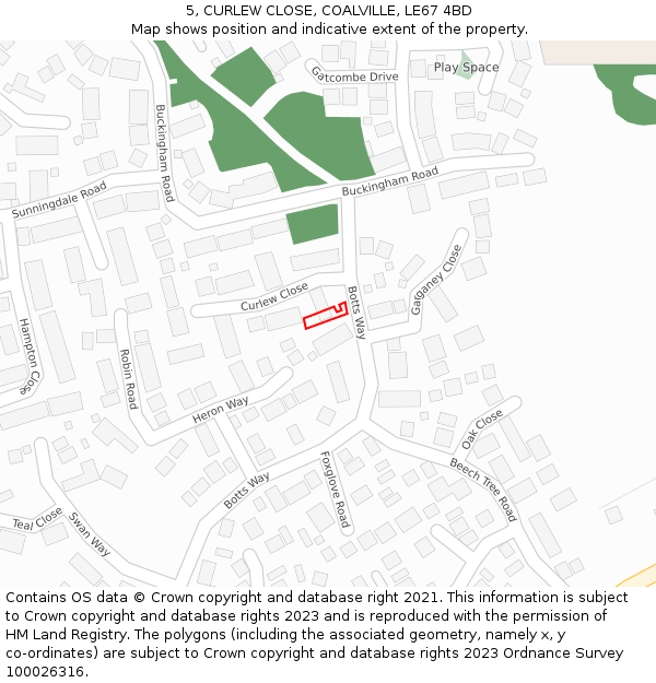 5, CURLEW CLOSE, COALVILLE, LE67 4BD: Location map and indicative extent of plot