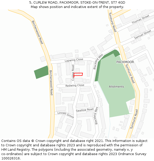 5, CURLEW ROAD, PACKMOOR, STOKE-ON-TRENT, ST7 4GD: Location map and indicative extent of plot