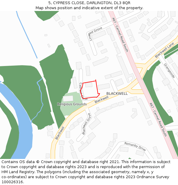 5, CYPRESS CLOSE, DARLINGTON, DL3 8QR: Location map and indicative extent of plot