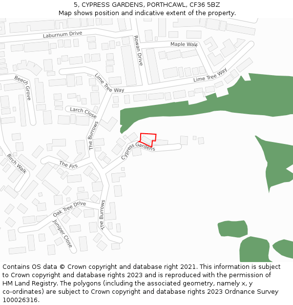 5, CYPRESS GARDENS, PORTHCAWL, CF36 5BZ: Location map and indicative extent of plot