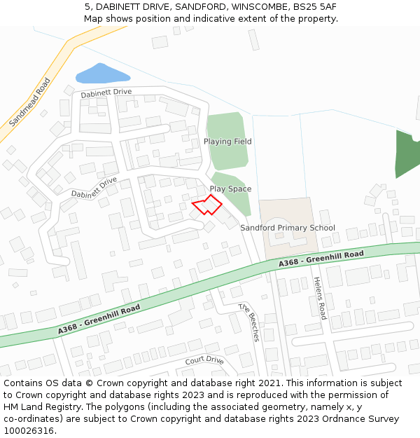 5, DABINETT DRIVE, SANDFORD, WINSCOMBE, BS25 5AF: Location map and indicative extent of plot