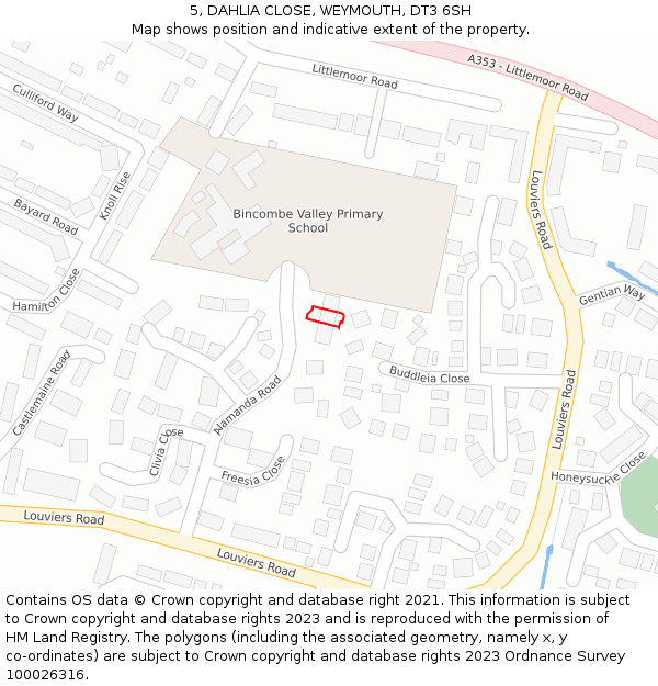 5, DAHLIA CLOSE, WEYMOUTH, DT3 6SH: Location map and indicative extent of plot