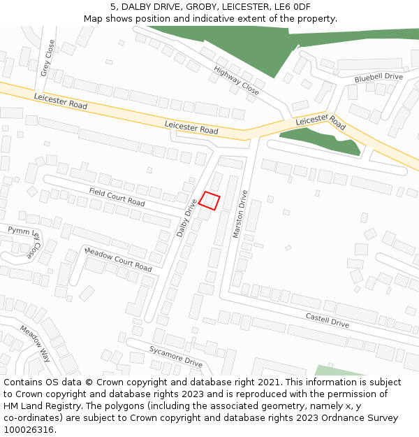 5, DALBY DRIVE, GROBY, LEICESTER, LE6 0DF: Location map and indicative extent of plot