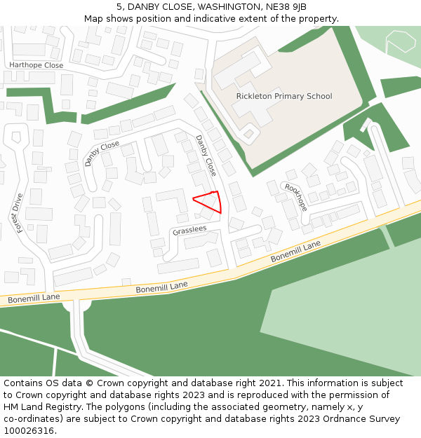 5, DANBY CLOSE, WASHINGTON, NE38 9JB: Location map and indicative extent of plot