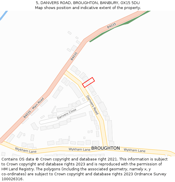 5, DANVERS ROAD, BROUGHTON, BANBURY, OX15 5DU: Location map and indicative extent of plot