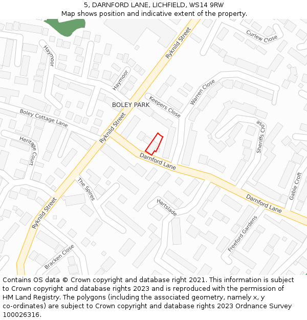5, DARNFORD LANE, LICHFIELD, WS14 9RW: Location map and indicative extent of plot