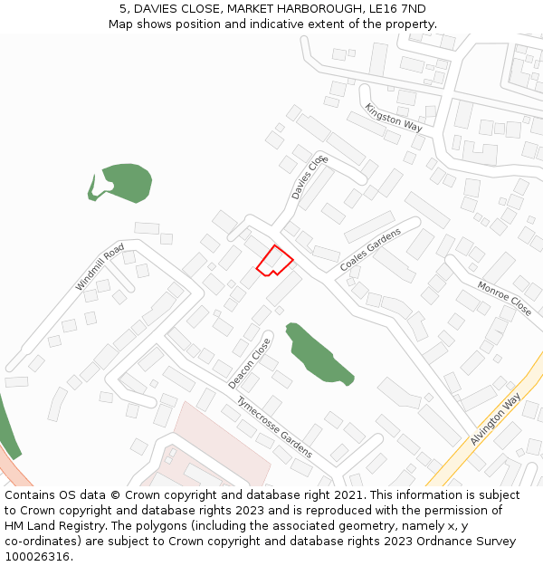 5, DAVIES CLOSE, MARKET HARBOROUGH, LE16 7ND: Location map and indicative extent of plot