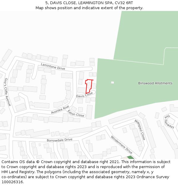 5, DAVIS CLOSE, LEAMINGTON SPA, CV32 6RT: Location map and indicative extent of plot
