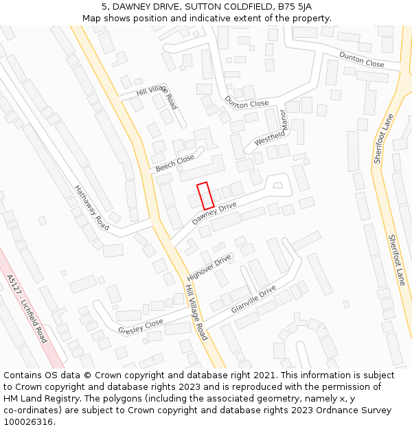 5, DAWNEY DRIVE, SUTTON COLDFIELD, B75 5JA: Location map and indicative extent of plot