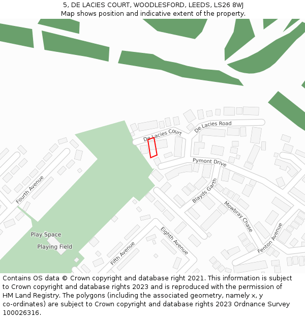 5, DE LACIES COURT, WOODLESFORD, LEEDS, LS26 8WJ: Location map and indicative extent of plot