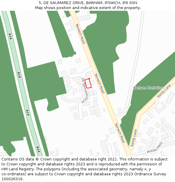 5, DE SAUMAREZ DRIVE, BARHAM, IPSWICH, IP6 0SN: Location map and indicative extent of plot