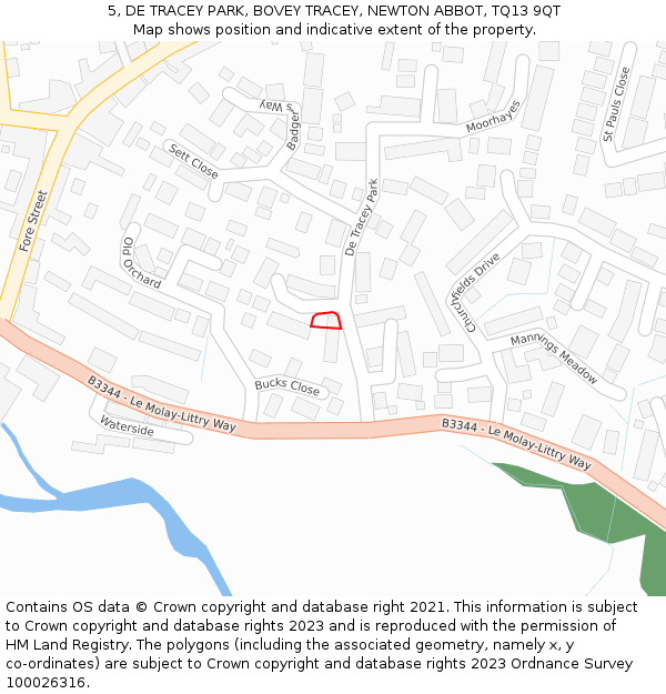 5, DE TRACEY PARK, BOVEY TRACEY, NEWTON ABBOT, TQ13 9QT: Location map and indicative extent of plot
