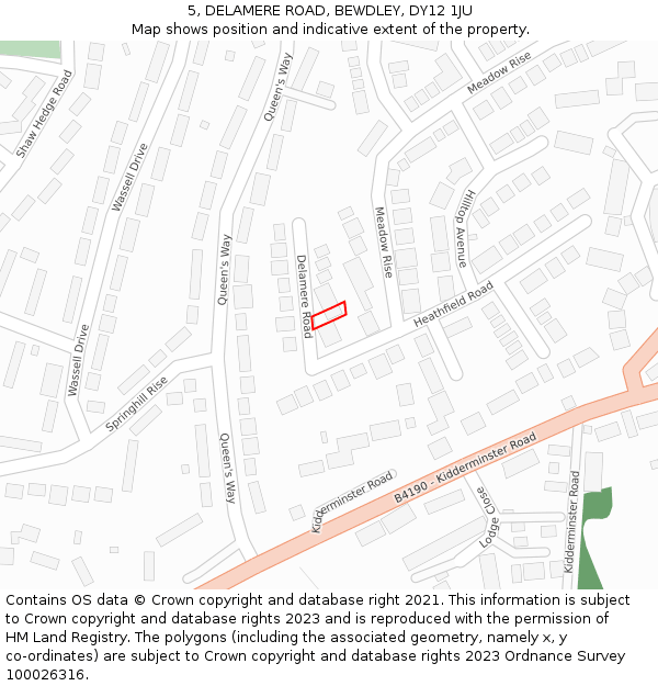 5, DELAMERE ROAD, BEWDLEY, DY12 1JU: Location map and indicative extent of plot