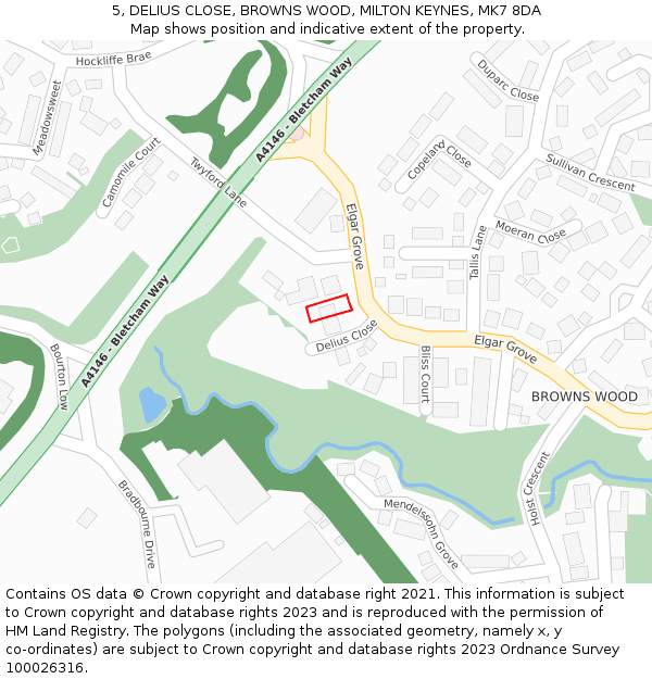 5, DELIUS CLOSE, BROWNS WOOD, MILTON KEYNES, MK7 8DA: Location map and indicative extent of plot