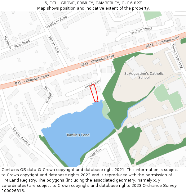 5, DELL GROVE, FRIMLEY, CAMBERLEY, GU16 8PZ: Location map and indicative extent of plot