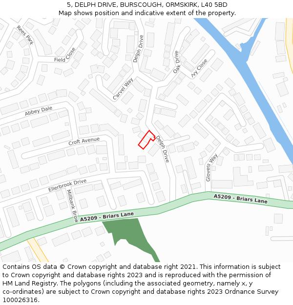 5, DELPH DRIVE, BURSCOUGH, ORMSKIRK, L40 5BD: Location map and indicative extent of plot