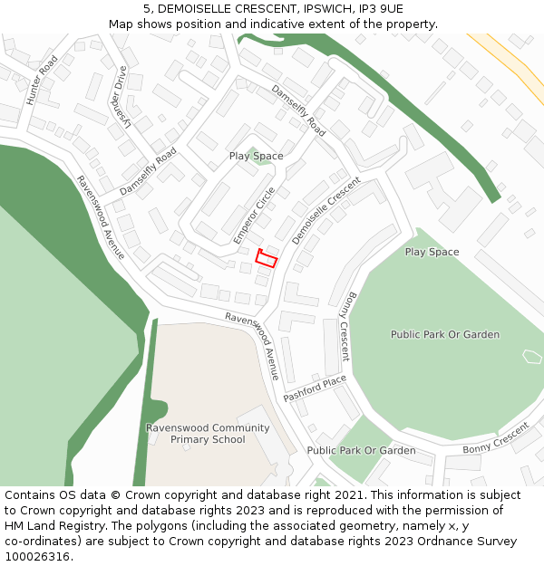 5, DEMOISELLE CRESCENT, IPSWICH, IP3 9UE: Location map and indicative extent of plot