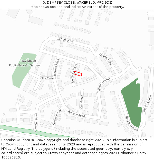 5, DEMPSEY CLOSE, WAKEFIELD, WF2 9DZ: Location map and indicative extent of plot