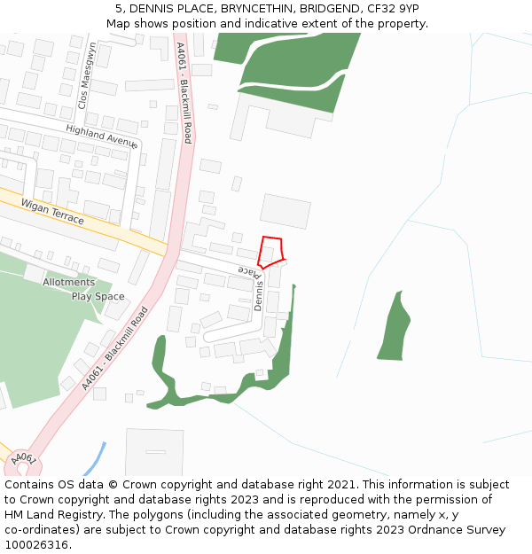 5, DENNIS PLACE, BRYNCETHIN, BRIDGEND, CF32 9YP: Location map and indicative extent of plot