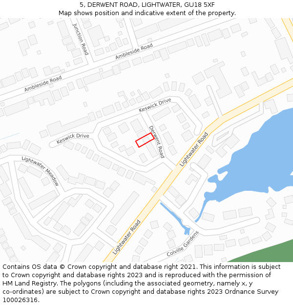 5, DERWENT ROAD, LIGHTWATER, GU18 5XF: Location map and indicative extent of plot