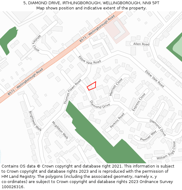 5, DIAMOND DRIVE, IRTHLINGBOROUGH, WELLINGBOROUGH, NN9 5PT: Location map and indicative extent of plot