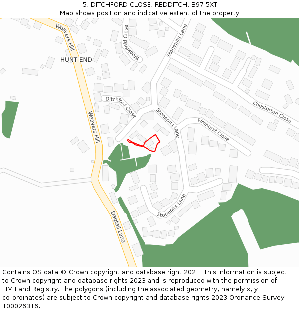 5, DITCHFORD CLOSE, REDDITCH, B97 5XT: Location map and indicative extent of plot