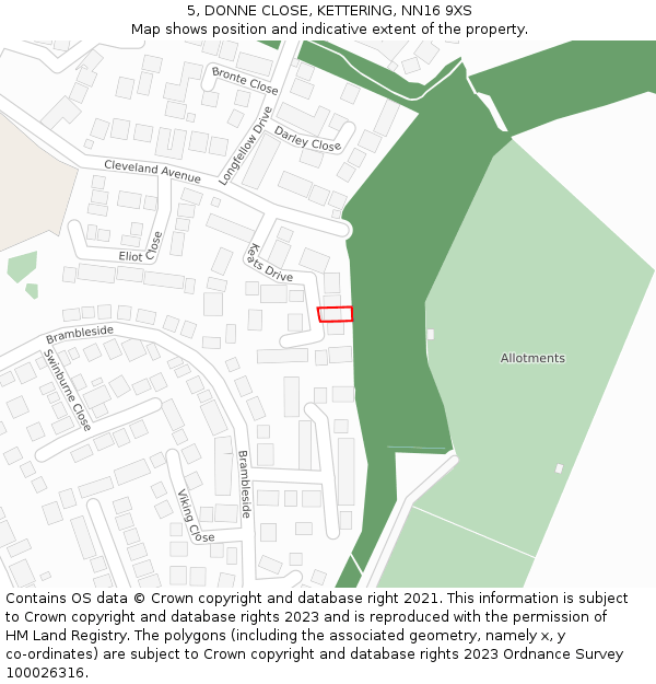 5, DONNE CLOSE, KETTERING, NN16 9XS: Location map and indicative extent of plot