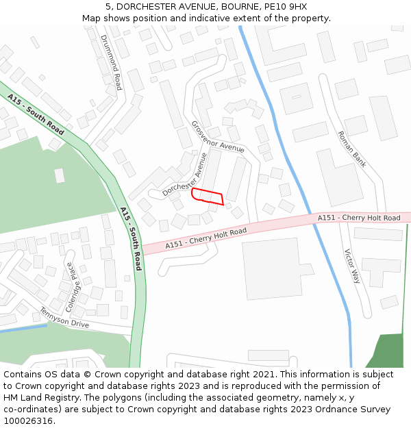 5, DORCHESTER AVENUE, BOURNE, PE10 9HX: Location map and indicative extent of plot