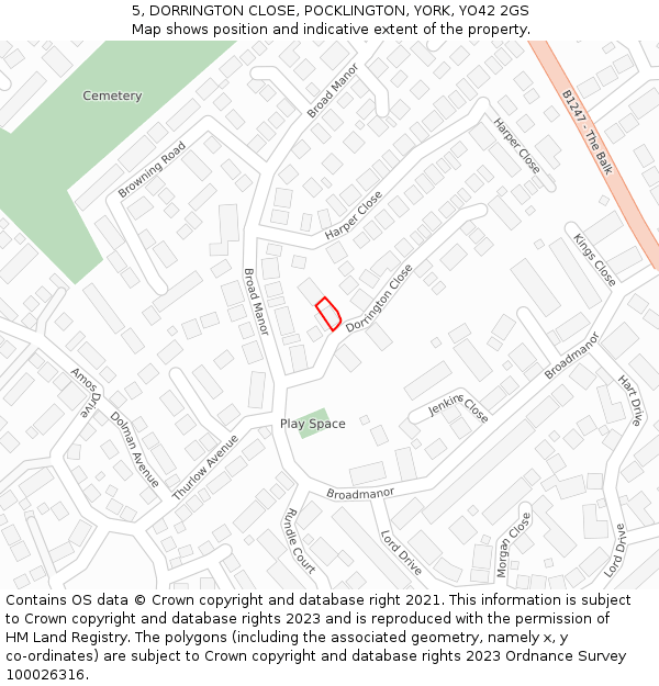 5, DORRINGTON CLOSE, POCKLINGTON, YORK, YO42 2GS: Location map and indicative extent of plot