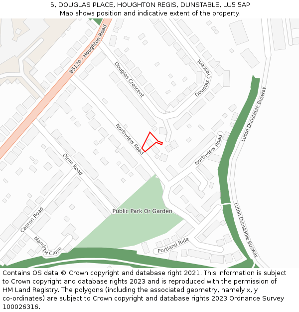 5, DOUGLAS PLACE, HOUGHTON REGIS, DUNSTABLE, LU5 5AP: Location map and indicative extent of plot