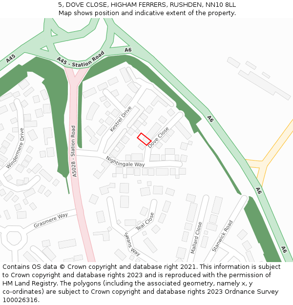 5, DOVE CLOSE, HIGHAM FERRERS, RUSHDEN, NN10 8LL: Location map and indicative extent of plot
