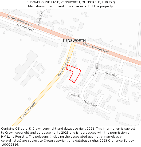 5, DOVEHOUSE LANE, KENSWORTH, DUNSTABLE, LU6 2PQ: Location map and indicative extent of plot