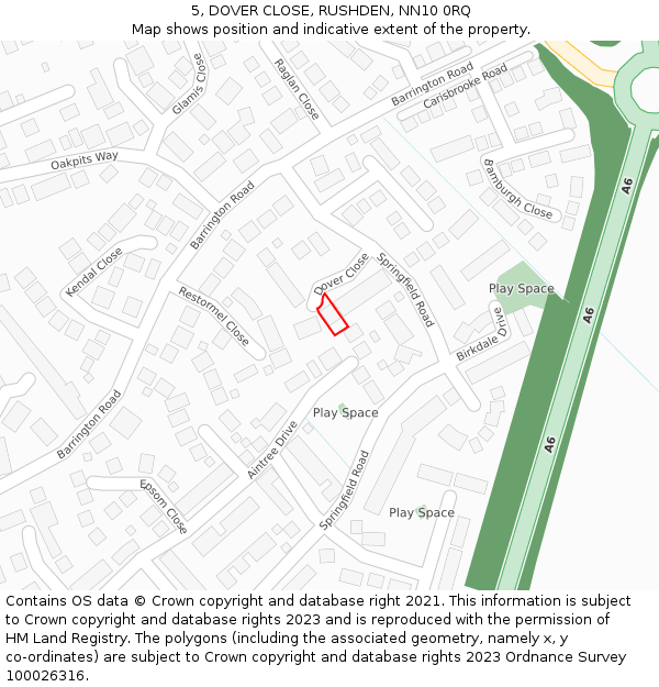 5, DOVER CLOSE, RUSHDEN, NN10 0RQ: Location map and indicative extent of plot